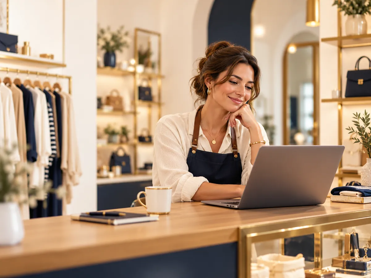 Une commerçante souriante consulte sa boutique en ligne sur un ordinateur, au comptoir de son magasin