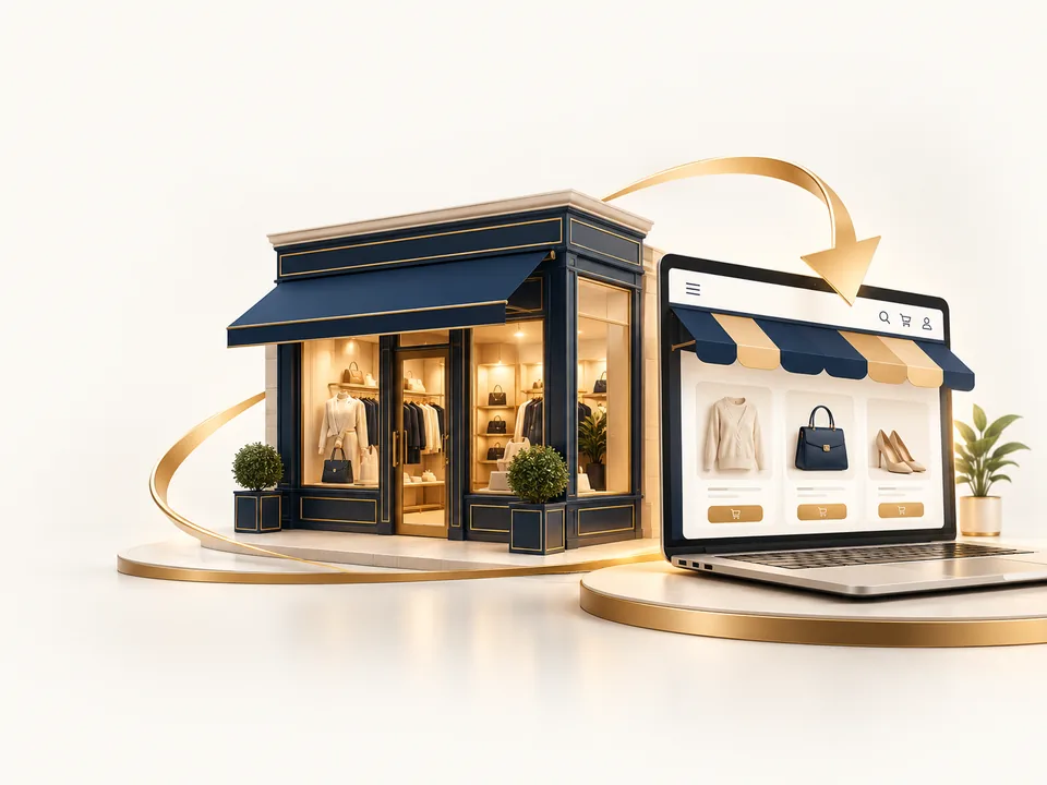 Une boutique de centre-ville et sa boutique en ligne sur un ordinateur, reliées par une flèche dorée