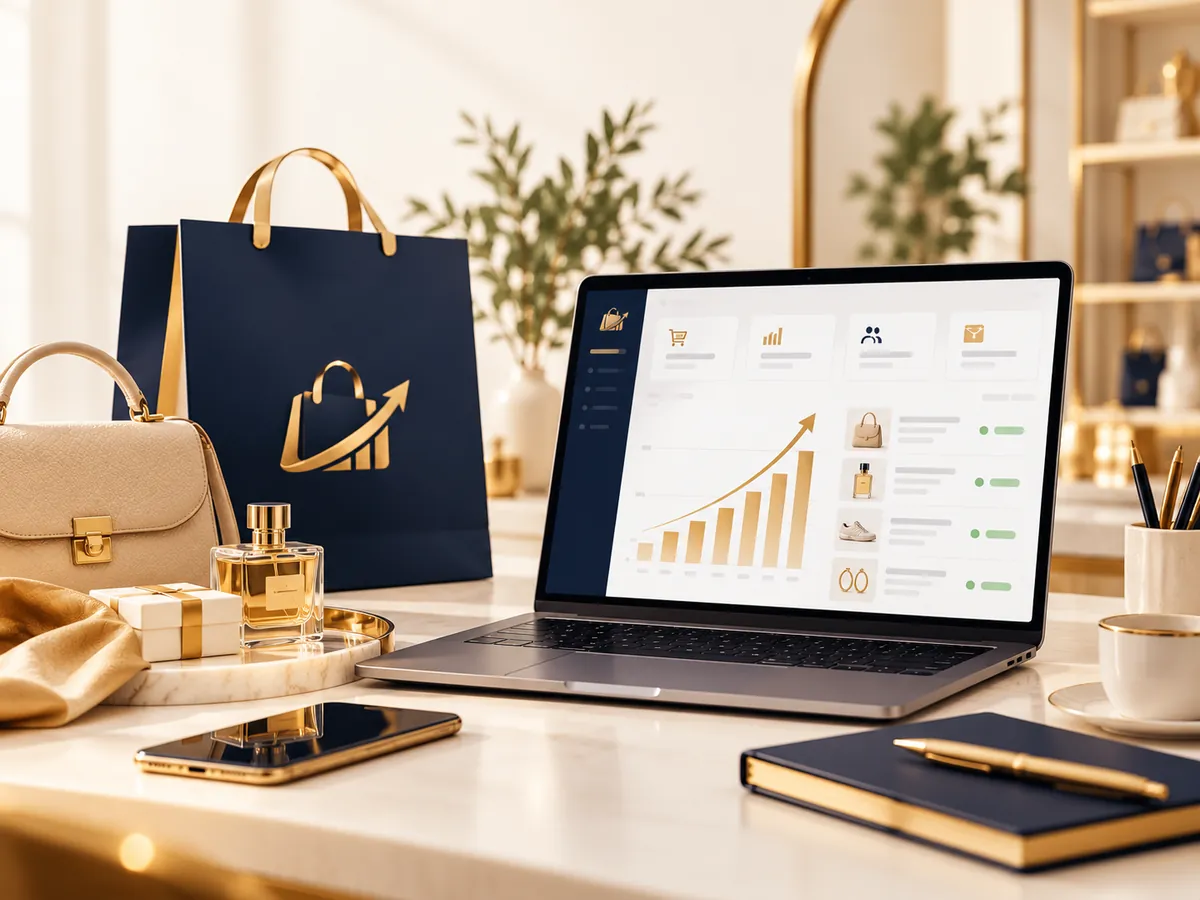 Un ordinateur affiche le tableau de bord des ventes en ligne, à côté d'un sac Boutique Up